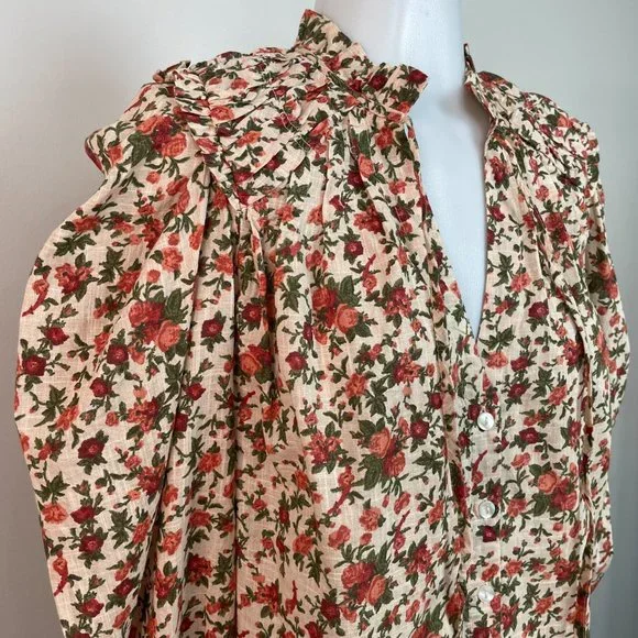 Free People Top XS Floral Orange Green Puff Sleeve Cotton Boho Blouse Women's - Picture 5 of 15